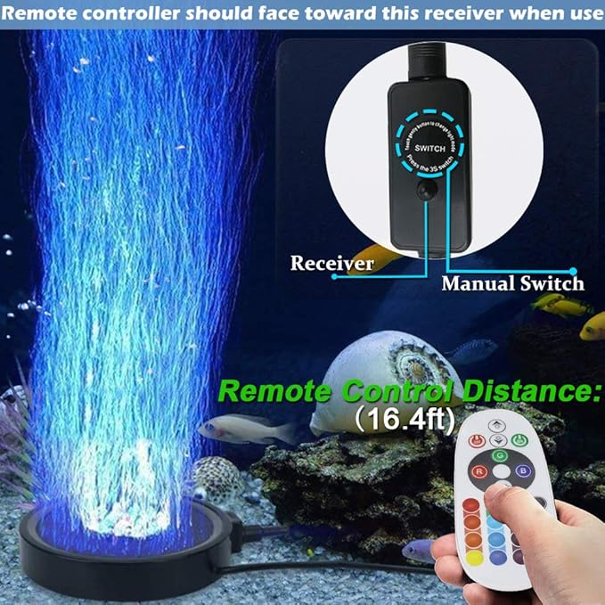 Aquarium Bubble LED Lights RGBW, Remote Controlled Air Stone Disk, with 16 Color Changing, 4 Lighting Effects for Fish Tank Decorations