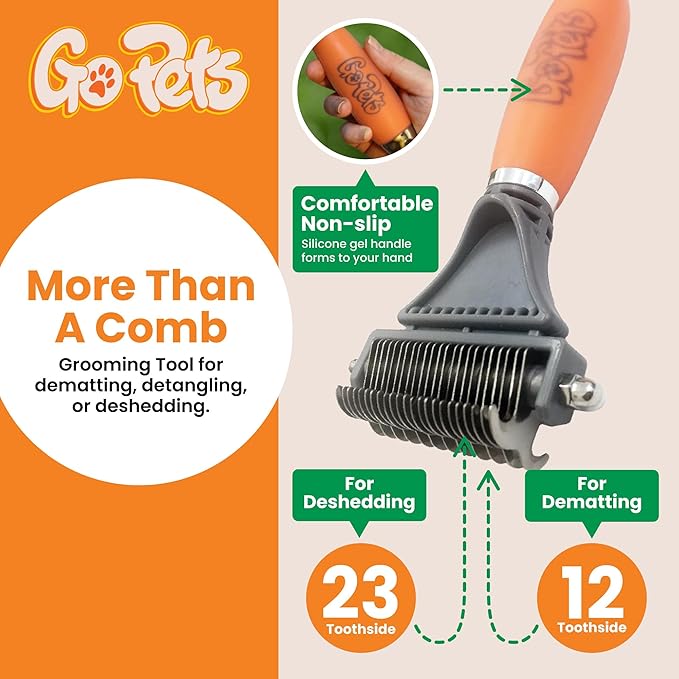 GoPets 2-Sided Dematting Comb - Professional Grooming Rake for Cats & Dogs, Long Hair Deshedding Tool, Undercoat Brush - for Matted & Long-Haired Pets