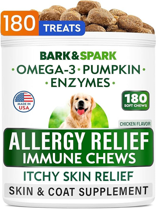 BARK&SPARK Dog Allergy Relief Chews (180 Immune Treats) - Anti-Itch Skin & Coat Supplement - Omega 3 Fish Oil - Itchy Skin Relief Treatment Pills - Itching&Paw Licking - Dry Skin & Hot Spots