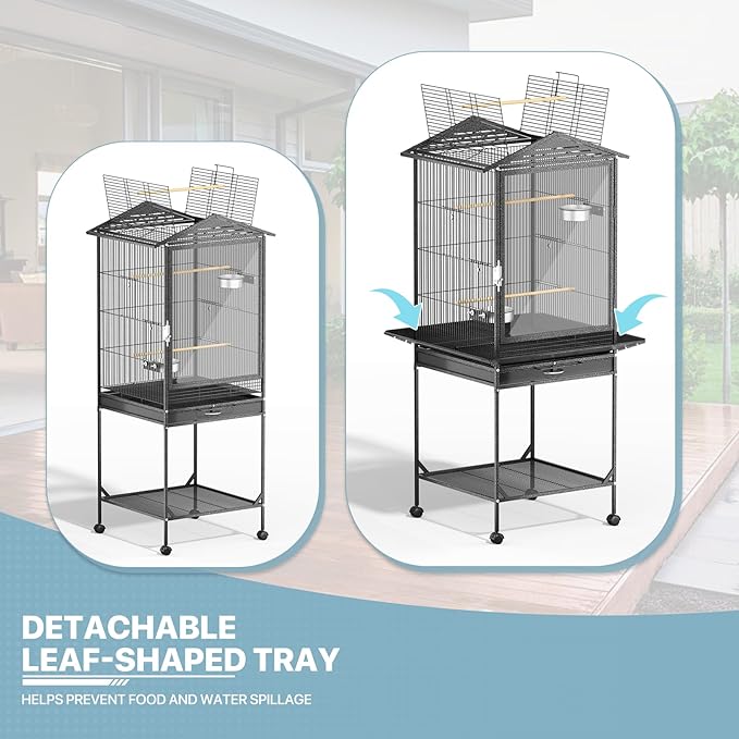 MoNiBloom 54 Inch Bird Cage w/Acrylic Door, Open Top Roof Birdcage for Finches Canaries Lovebirds Medium Small Parrots, Flight Birdcage w/Rolling Stand, Black