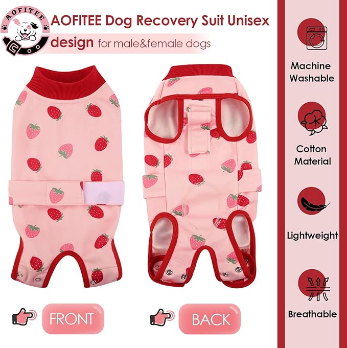 AOFITEE Dog Recovery Suit, Dog Surgical Recovery Suit for Female Dogs Male Dogs, Cozy Dog Onesie for Surgery, Cone E-Collar Alternative, Anti Licking Dog Surgical Shirt with Pee Hole, Strawberry L