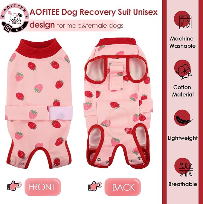 AOFITEE Dog Recovery Suit, Dog Surgical Recovery Suit for Female Dogs Male Dogs, Cozy Dog Onesie for Surgery, Cone E-Collar Alternative, Anti Licking Dog Surgical Shirt with Pee Hole, Strawberry M