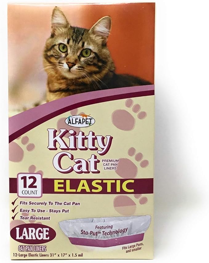 Alfapet Kitty Cat Litter Box Disposable, Elastic Liners- 12-Count-for Medium and Large, Size Litter Pans- with Sta-Put Technology for Firm, Easy Fit- Quick + Clever Waste Cleaners