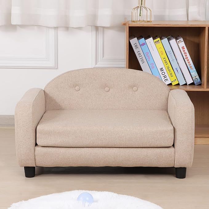 Dog Sofas and Chairs for Small Pet/Cat Sofa Bed with Wooden Frame/Bed for dogs with Linen Fabric/Cat Sofa Chair with Cushion/Dog Couch for Small Dog Rest Using (Beige)