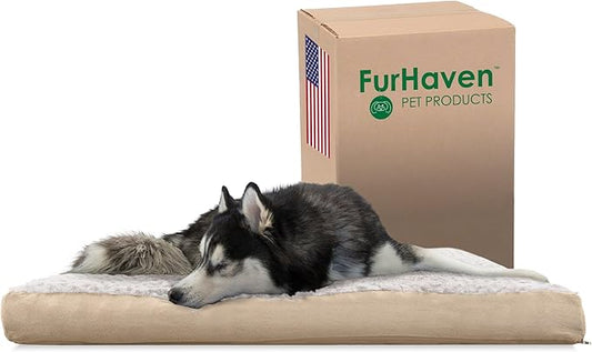 Furhaven Cooling Gel Dog Bed for Large Dogs w/ Removable Washable Cover, For Dogs Up to 95 lbs - Ultra Plush Faux Fur & Suede Mattress - Cream, Jumbo/XXL