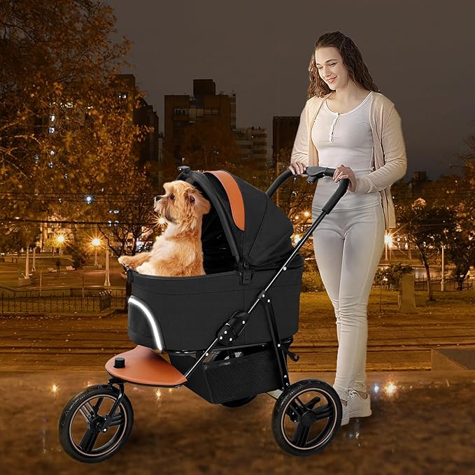 Dog Stroller for Medium Small Dogs, 3in1 Pet Stroller Zipperless Dog Cat Jogger Stroller 3 Wheels with Detachable Dog Carriage, Storage Basket and One-Button Folding Frame for Pets Walk-Black