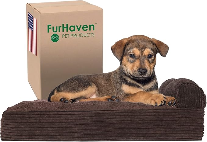 Furhaven Orthopedic Dog Bed for Small Dogs w/ Removable Bolster & Washable Cover, For Dogs Up to 20 lbs - Fleece & Corduroy Bolster Chaise - Dark Espresso, Small