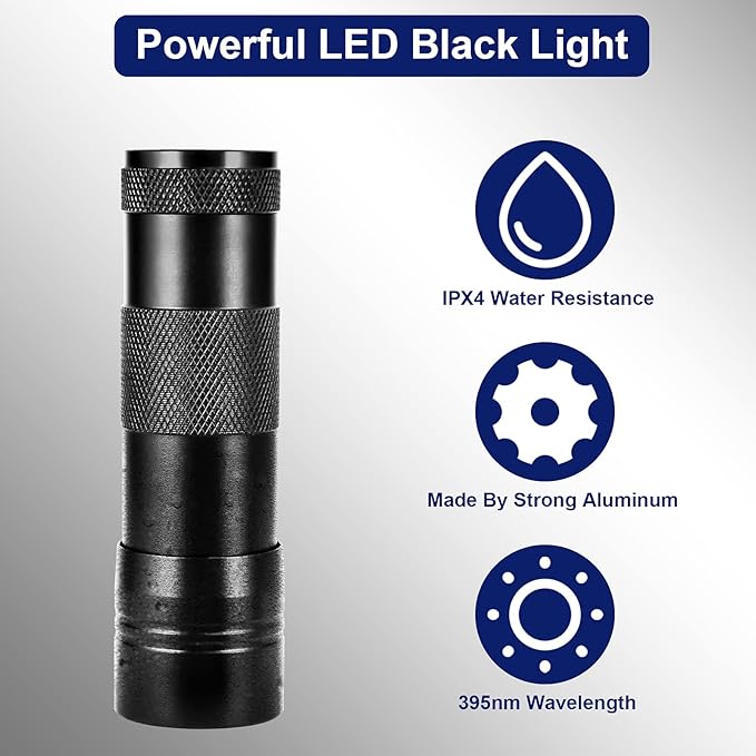 Simple Deluxe UV Flashlight Black Light 395nm Hand-held Detecting Torch for Pet Urine, Stains, Verifying Money Documents, Batteries Not Included, Black