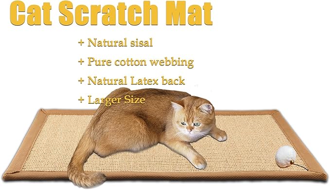 Cat Scratching Mat Hanging Toy Ball with Bell, 23.6x16.1 Sisal Cat Scratcher Mat with Latex Back & Cotton Borde,Horizontal Cat Scratchers Protect Carpets & Sofa (Beige with Cotton Border)