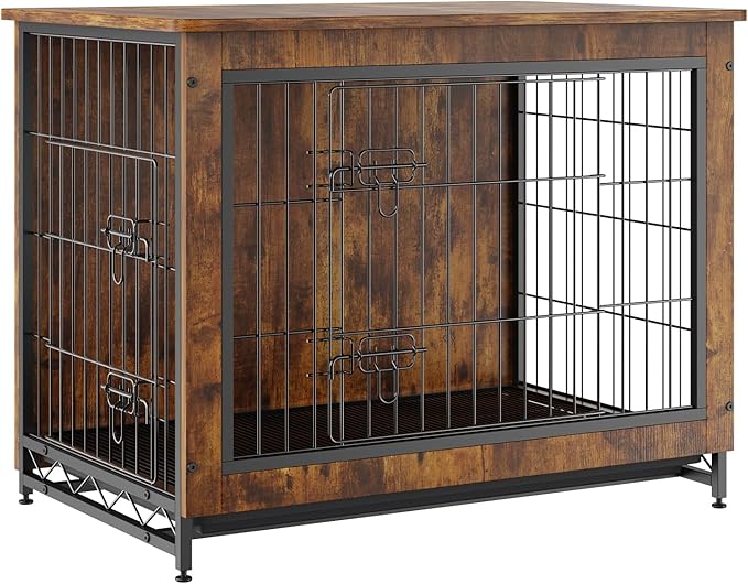 VEVOR Dog Crate Furniture, 32 inch Wooden Dog Crate with Double Doors, Heavy-Duty Dog Cage End Table with Multi-Purpose Removable Tray, Modern Dog Kennel Indoor for Dogs up to 45lb, Rustic Brown