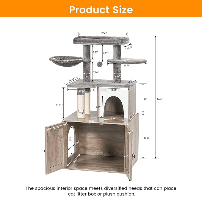 Snughome Cat Litter Box Enclosure with Cat Tree Tower and Condo, Hidden Cat Washroom Furniture with Sisal Scratching Post and Soft Plush Perch, Wooden Cat Furniture with Multiple Platforms, Grey