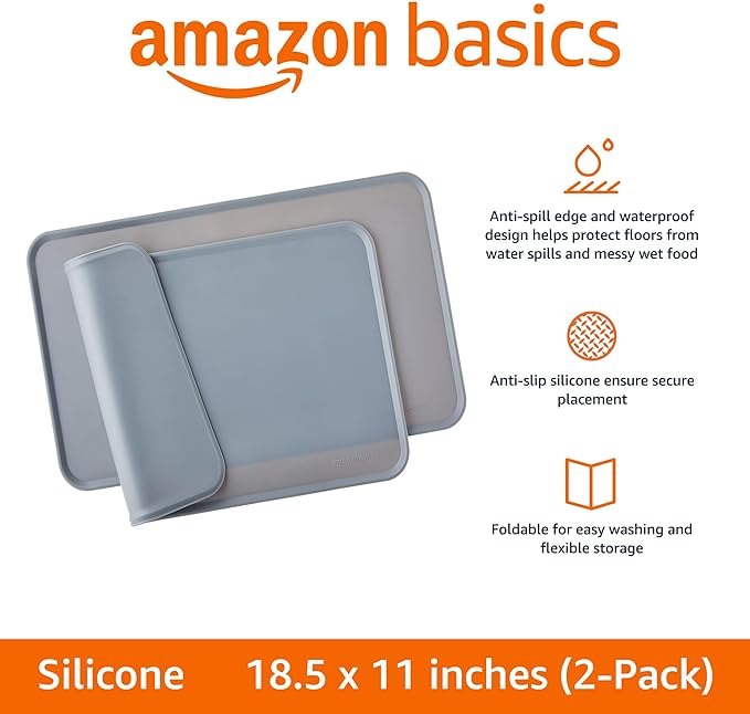 Amazon Basics Waterproof Anti-Slip Silicone Pet Food and Water Bowl Mat, Solid, 18.5 x 11.5 Inches, Gray - Pack of 2