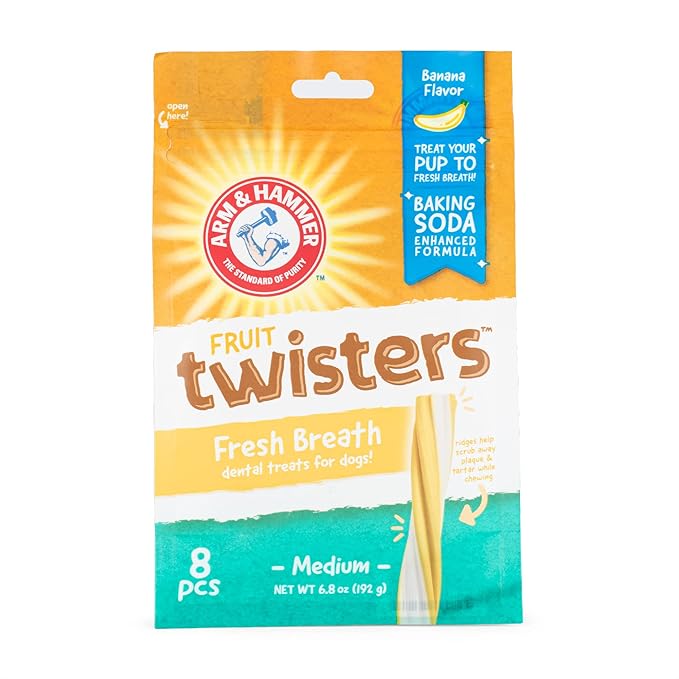 Arm & Hammer Fruit Twisters Fresh Breath Dental Treats for Dogs in Banana Flavor, Medium Dog Dental Chews Fight Bad Breath, Plaque & Tartar Without Brushing (Pack of 24, 192 Count Total)