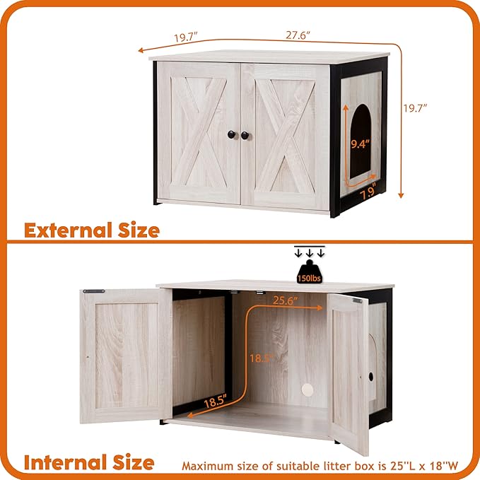 DWANTON Litter Box Enclosure, Cat Litter Box Furniture Hidden, Reversible Entrance Can Be on Left or Right Side, Wooden Cat Washroom Indoor, Fit Most of Litter Box, Beige