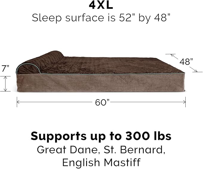 Furhaven Orthopedic Dog Bed for Extra Large Dogs, Goliath Quilted Faux Fur & Velvet Bolster Chaise, Espresso, 4XL