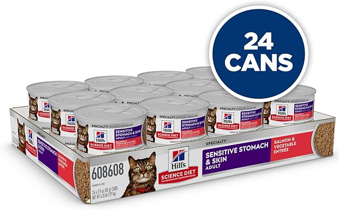 Hill's Science Diet Sensitive Stomach & Skin, Adult 1-6, Stomach & Skin Sensitivity Support, Wet Cat Food, Salmon & Vegetables Minced, 2.9 oz Can, Case of 24