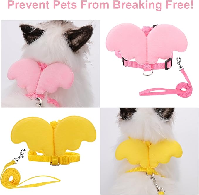 2Pcs Rabbit Harness and Leash, Adjustable Bunny Harness, Kitten Vest Harness and Leash Set, Cute Wings Pet Harness Leash Set for Bunny Puppy Kitten Ferret and Other Small Animals (Yellow+Pink)