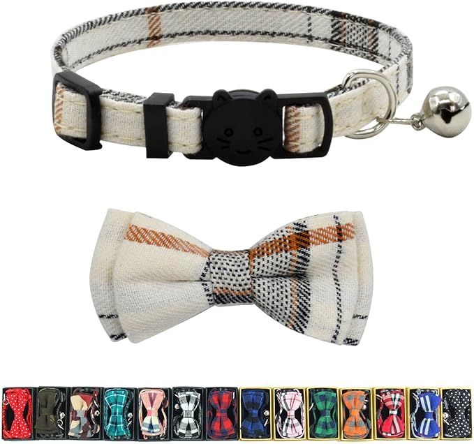 Cat Collar Breakaway with Bell and Bow Tie, Plaid Design Adjustable Safety Kitty Kitten Collars(6.8-10.8in)(White Plaid)