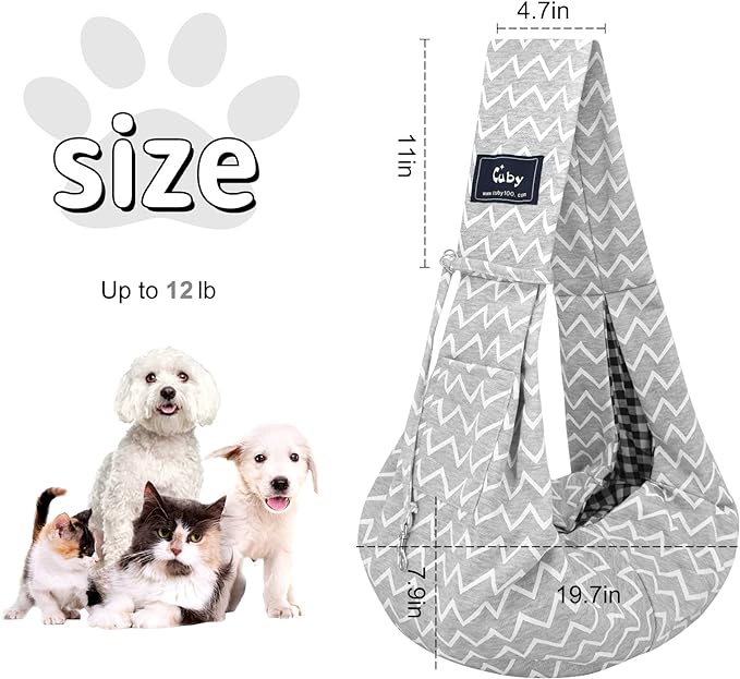 CUBY Dog and Cat Sling Carrier - Hands Free Reversible Pet Papoose Bag - Soft Pouch and Tote Design - Suitable for Puppy, Small Dogs Cats Outdoor (Stripe grey, Unadjustable strap)