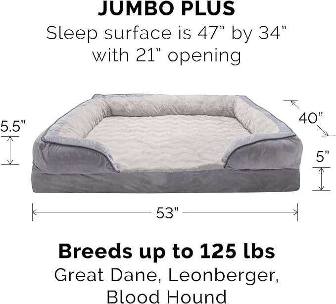 Furhaven Orthopedic Dog Bed for Large Dogs w/ Removable Bolsters & Washable Cover, For Dogs Up to 125 lbs - Plush & Velvet Waves Perfect Comfort Sofa - Granite Gray, Jumbo Plus/XXL