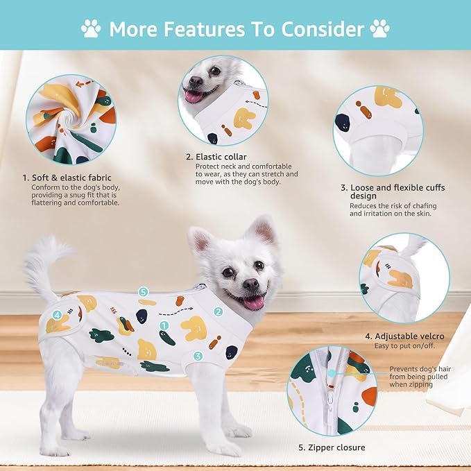 Recovery Suit for Dogs, Dog Surgery Recovery Suit with Zipper Closure Post Spay, Neuter, Abdominal Surgical Suit for Male Female Dogs Can Pee, Prevent Licking Dog Onesies, White Bear, S