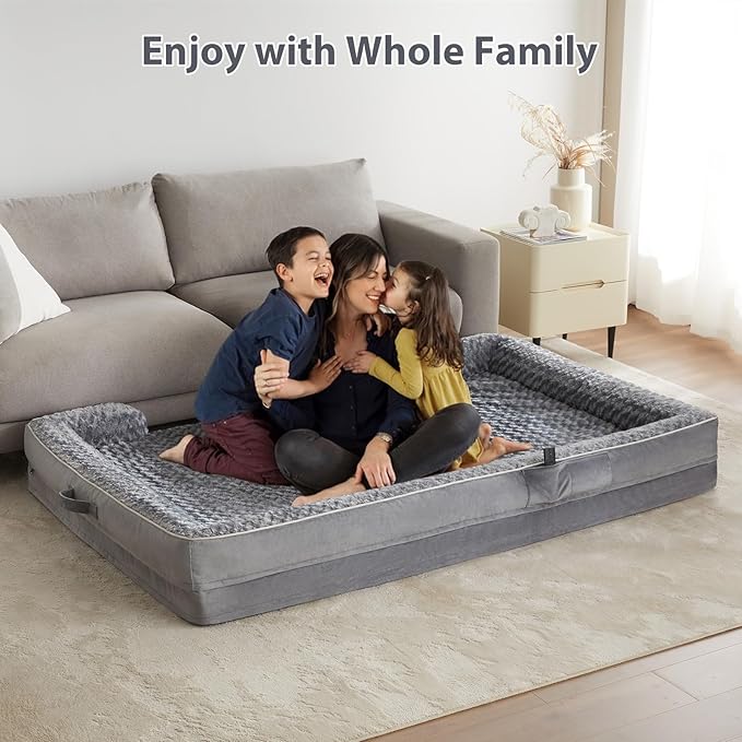 WNPETHOME Human Dog Bed for People Adults, Washable Faux Fur Nap Bed Adult Oval for People, Calming Human Size Giant Dog Bed Fits Pet Families with Storage Pocket Grey