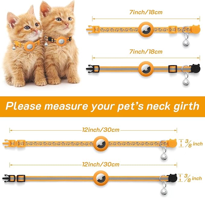 2 Pack Airtag Cat Collar Breakaway with Bell,Reflective Kitten Collar with Apple Airtag Cat Collar Holder,Adjustable 7-12In,Safety Buckle for Girl Boy Cats,Pet Supplies,Accessories,Gifts(Orange)