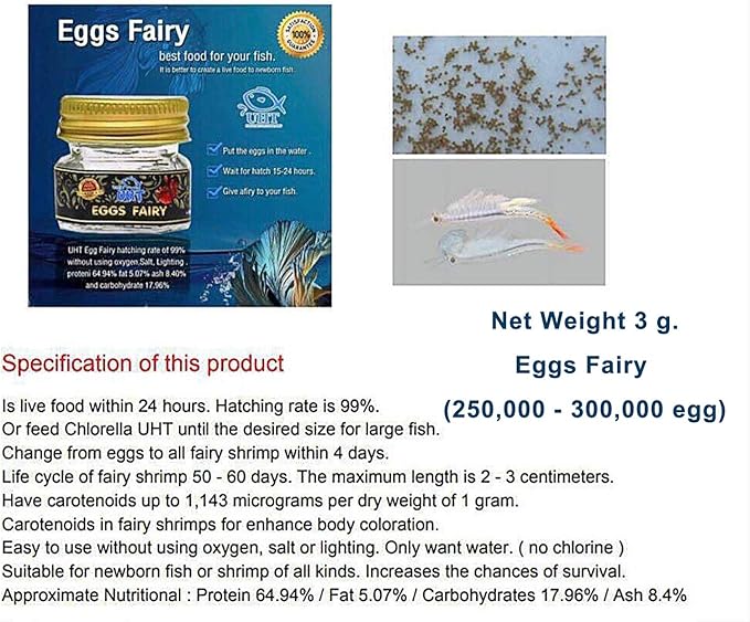 UTH Fish Food Fresh Eggs Fairy Shrimp (250000+Egg) 3 g. Best Tropical Fish Food Grow Faster & Color Enhancer Slow Sinking Like Pellets High Protein 64% for All Small Baby Fry Newborn Fish Feed