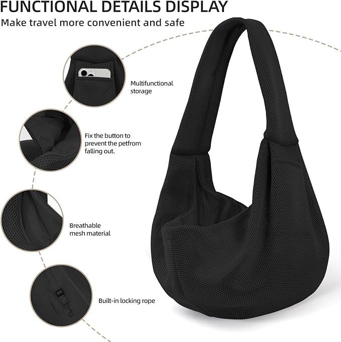 Dog Carrier Sling - Ultra Breathable Reversible Puppy Carrier Purse with Storage Pocket, Travel Safety Harness, Hand-Free Dog Sling Carrier for Carry Small Dogs and Cats, Dog and cat Harness (Black)