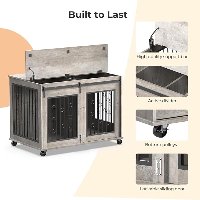 Furniture Style Dog Crate End Table with Sliding Barn Door, Indoor Dog Kennel Furniture with Removable Divider for 2 Small to Medium Pets, Grey, 39.37''W×25.2''D×28.94''H