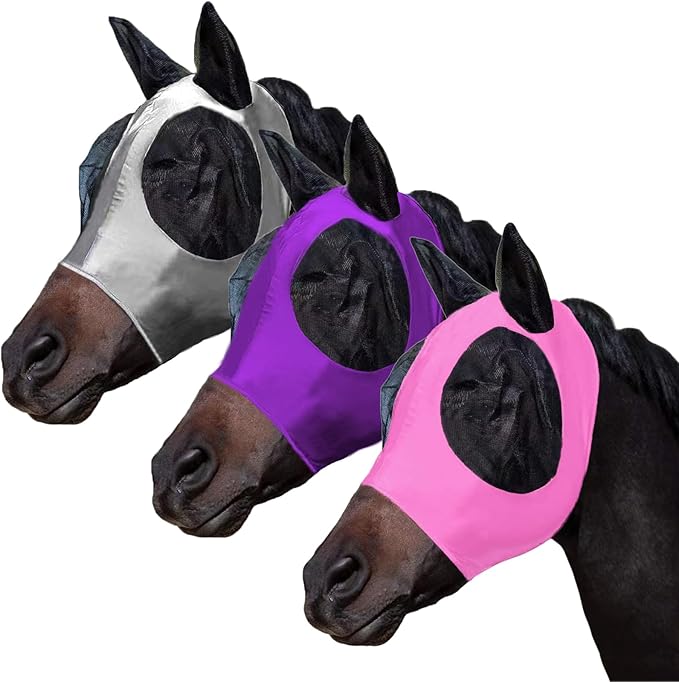 3 Pcs Horse Fly Mask-Fly Masks for Horses with Ears, Breathable Elastic Fabric for Sun Protection for Large/Medium Size Adult Horses (Purple-Pink-Gray, Large)