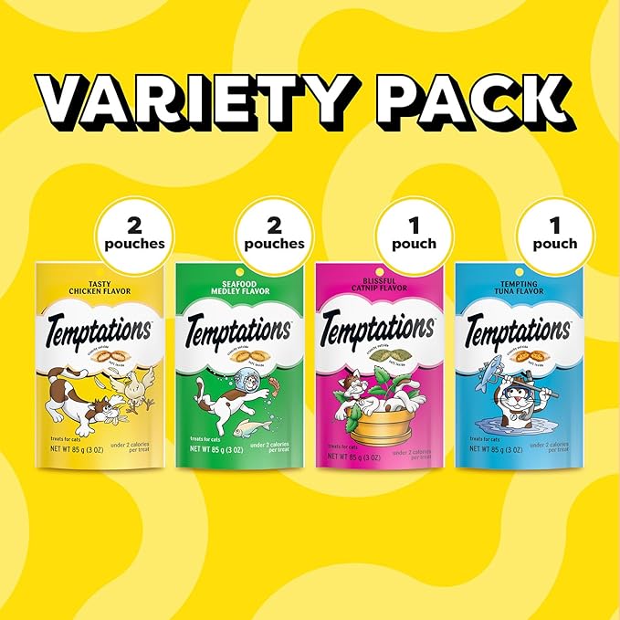 TEMPTATIONS Classic Crunchy and Soft Cat Treats Feline Favorites Variety Pack, (6) 3 oz. Pouches