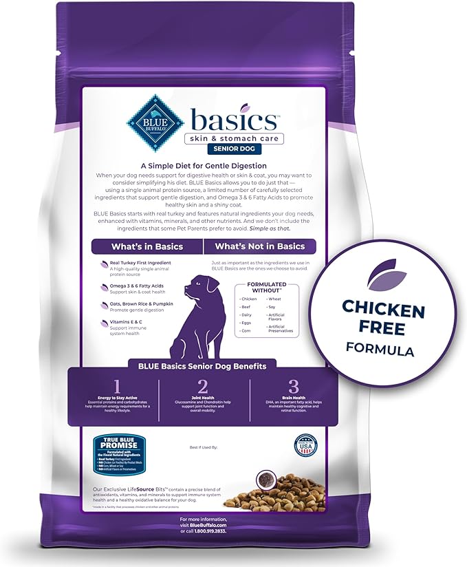 Blue Buffalo Basics Grain-Free Senior Dry Dog Food, Skin & Stomach Care, Limited Ingredient Diet, Turkey Recipe, 24-lb. Bag