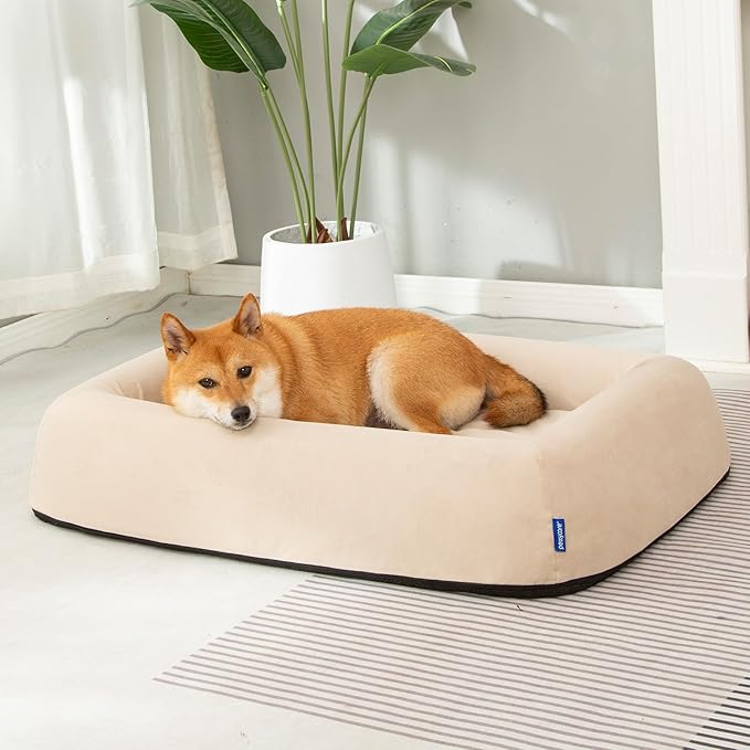 Orthopedic Dog Bed for Large Dogs Waterproof Pet Bed Soft Sofa with Two Fabrics Washable Removable Cover Egg Foam Support Anti-Slip Bottom Extra Head and Neck Support Sleeper,L Beige