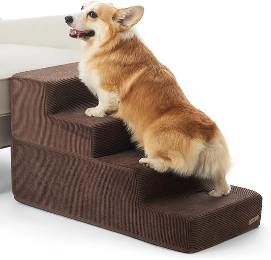 Lesure Dog Stairs for Small Dogs - Pet Stairs for Beds and Couch, Folding Pet Steps with CertiPUR-US Certified Foam for Cat and Doggy, Non-Slip Bottom Dog Steps, Brown, 4 Steps Extra Wide