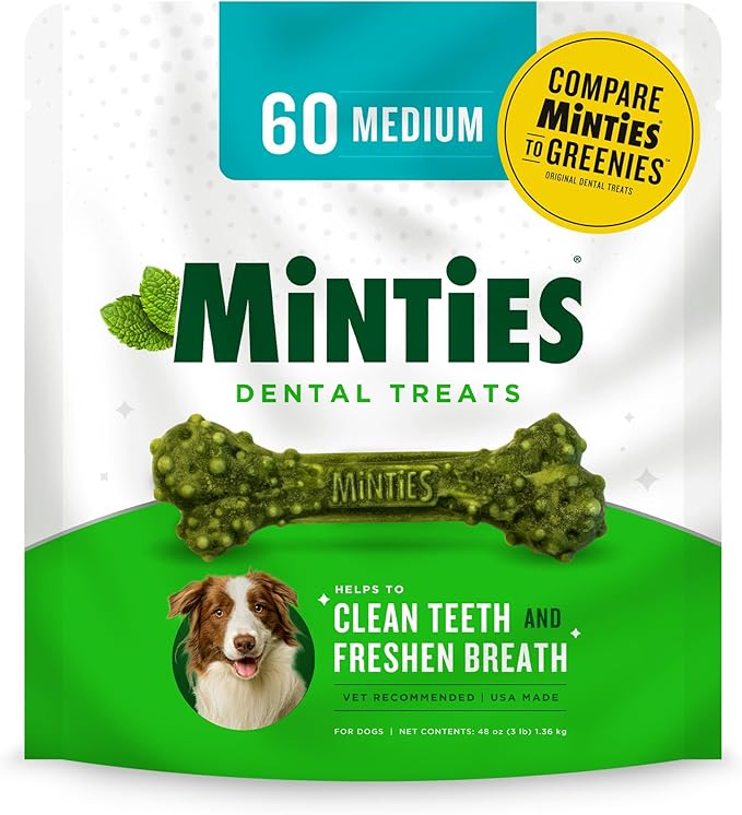 Minties Dental Chews for Dogs, 60 Count, Vet-Recommended Mint-Flavored Dental Treats for Medium Dogs 25-50 lbs, Dental Bones Clean Teeth, Fight Bad Breath, and Removes Plaque and Tartar