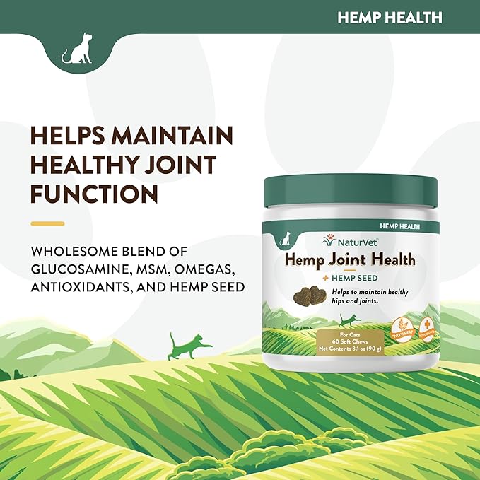 NaturVet – Hemp Joint Health for Cats - Plus Hemp Seed – 60 Soft Chews – Supports Healthy HIPS & Joints – Enhanced with Glucosamine, MSM & Hemp Seed– 30 Day Supply