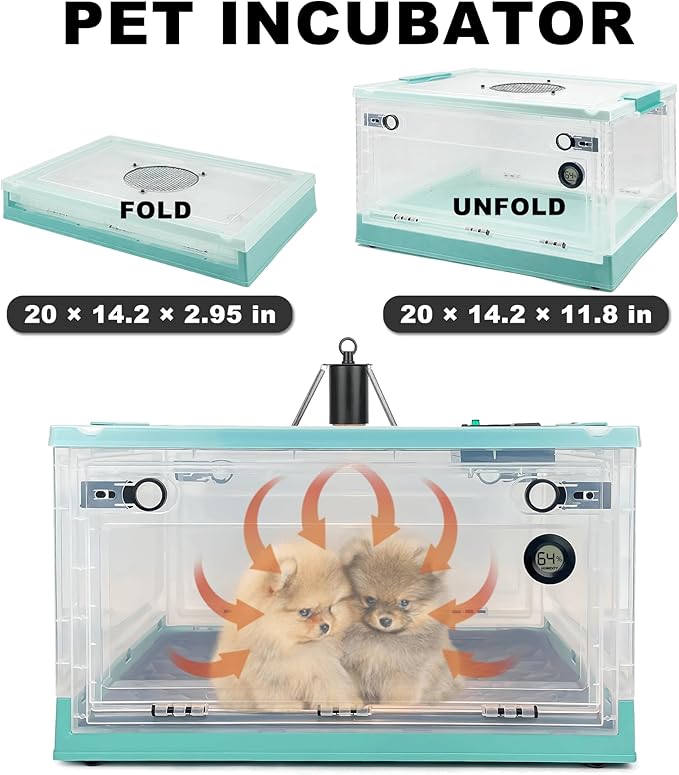 Puppy Incubator with Temperature Control & Ventilation Fan, Incubator for Puppies with Heating and Oxygen Tube, Kittens Incubator & Brooder, Pet Incubator for Dogs, Chicks, Birds and Newborn Critters