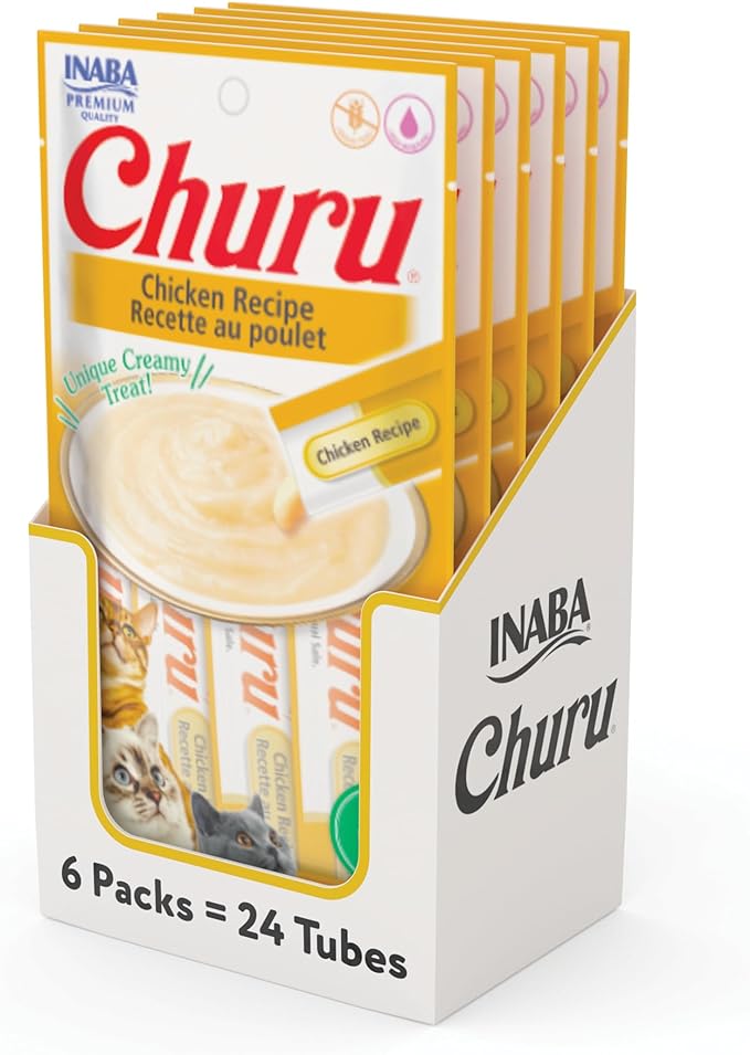 INABA Churu Cat Treats, Grain-Free, Lickable, Squeezable Creamy Purée Cat Treat/Topper with Vitamin E & Taurine, 0.5 Ounces Each Tube, 24 Tubes (4 per Pack), Chicken Recipe