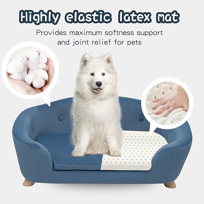 SHAVI Large Dog Couch, 35" Wide Pet Sofa for Large and Medium Dogs with Removable Mattress Cover, Luxury Raised Dog Couch Velvet Lounging Bed with Anti-Slip Bottom(Navy Blue)
