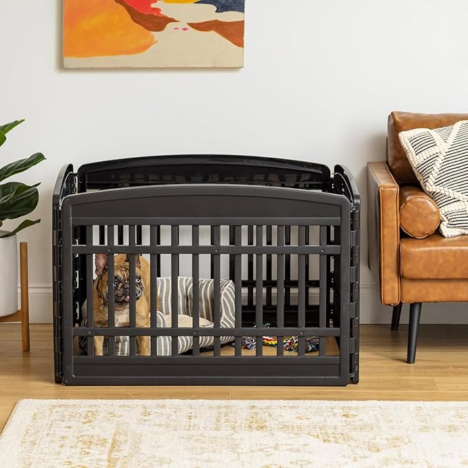 IRIS USA Dog Playpen, 4-Panel 24" Pet Playpen, Puppy Playpen, Indoor/Outdoor Dog Pen, 35 x 35 x 24, Foldable, Fold It Down, Easy Storing, Customizable, Black