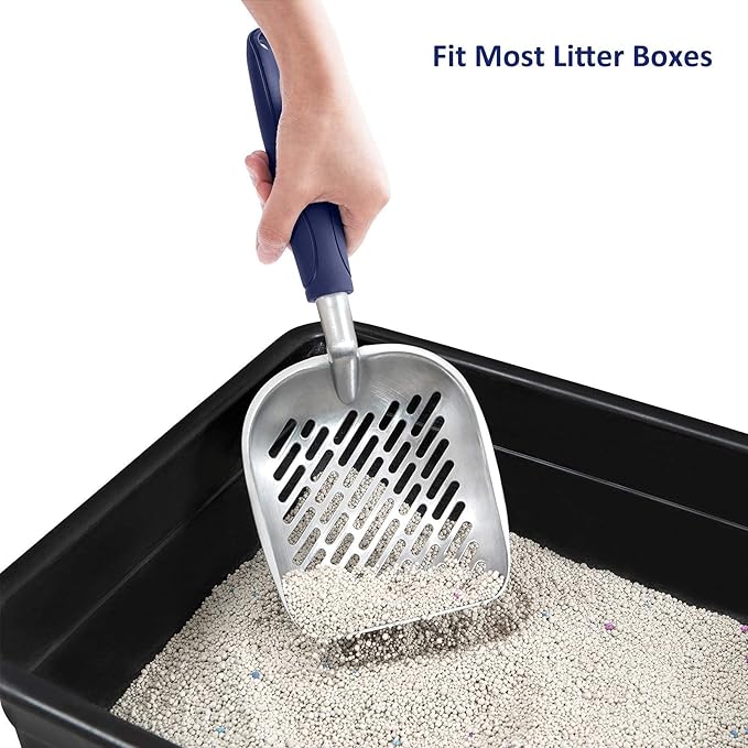 WePet Cat Litter Scoop, Aluminum Alloy Sifter, Kitty Metal Scooper, Deep Shovel with Diagonal Sifting Hole, Long Handle, Kitten Poop Lifter for Litter Box, Large Size, Blue Handle