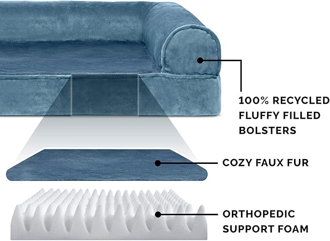 Furhaven Orthopedic Dog Bed for Large/Medium Dogs w/ Removable Bolsters & Washable Cover, For Dogs Up to 55 lbs - Faux Fur & Velvet Sofa - Harbor Blue, Large