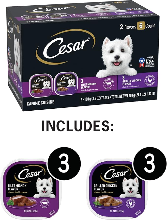 CESAR Soft Wet Dog Food Classic Loaf in Sauce Filet Mignon and Grilled Chicken Variety Pack, (6) 3.5 oz. Easy Peel Trays