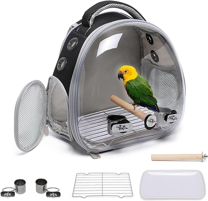 Bird Carrier Cage, Pet Travel Carrier Backpack with Standing Perch,Parrot Cockatiel Carrier bag, Food Bowl for Lovebirds Conures Parakeet Budgie Canary & Small Animal (accessories+black)