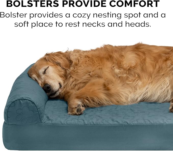 Furhaven Orthopedic Dog Bed for Large Dogs w/ Removable Bolsters & Washable Cover, For Dogs Up to 95 lbs - Pinsonic Quilted Paw L Shaped Chaise - Bluestone, Jumbo/XL