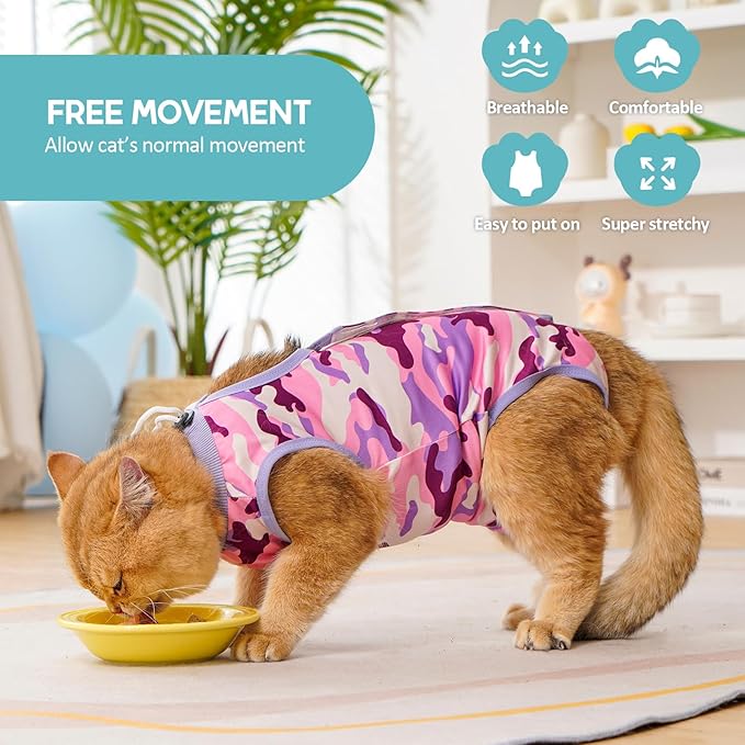 Avont Cat Recovery Suit, Cat Onesie for Cats After Spay Surgery Healing, Cat E-Collar Cone Alternative for Surgical Recovery Skin Diseases -Purplecamo(S)