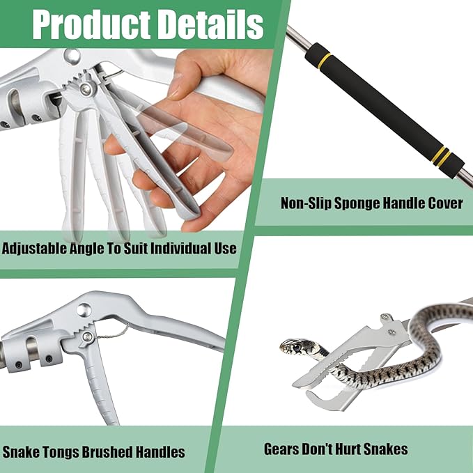 69" Snake Grabber Reacher Tool, Snake Tongs Reptile Grabber Tongs Adjustable Length Long Keep Safe spacing Stainless Steel Sponge Handle Rattle Snake Catcher Wide Jaw (Black)