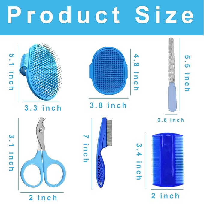 6Pcs Rabbit Grooming Kit Included Rabbit Grooming Brush, Pet Hair Remover, Pet Shampoo Bath Brush, Double-Sided Pet Comb，Pet Nail Clipper and Trimmer for Rabbit Hamster Bunny and Guinea Pig, Blue