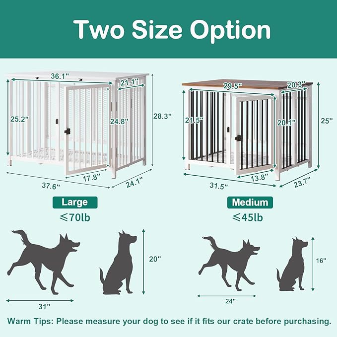 Heavy Duty Dog Crate Furniture, Fully Assembled exc. Locks, All Metal Frame & Wooden Tabletop, Modern Kennel for Small Dog, End Table, Sturdy, Foldable, White+Black/Rustic Brown